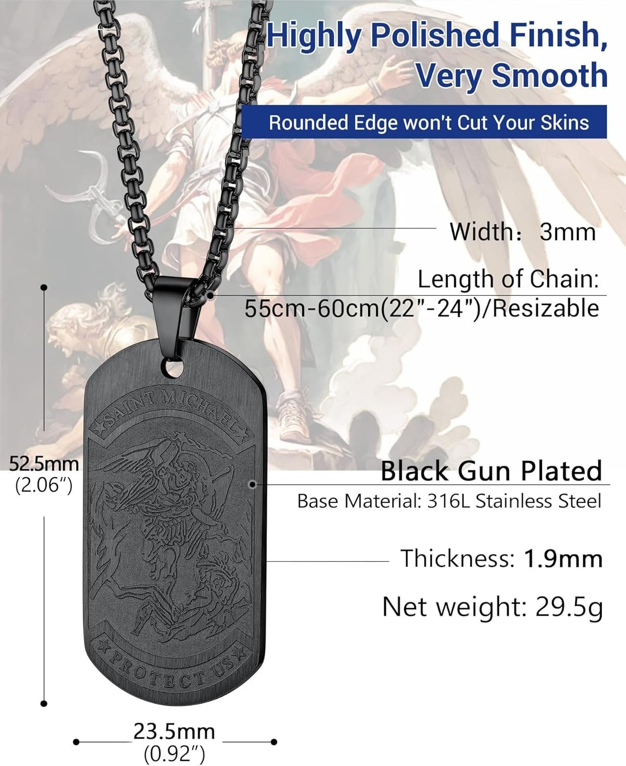 Men’s Black Plated St. Michael Necklace with Box Length 22-24 Inches