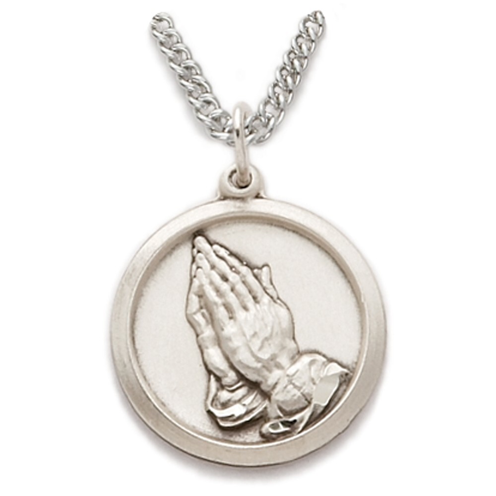 Sterling Silver Praying Hands Serenity Prayer Pendant Medal Christian Necklace