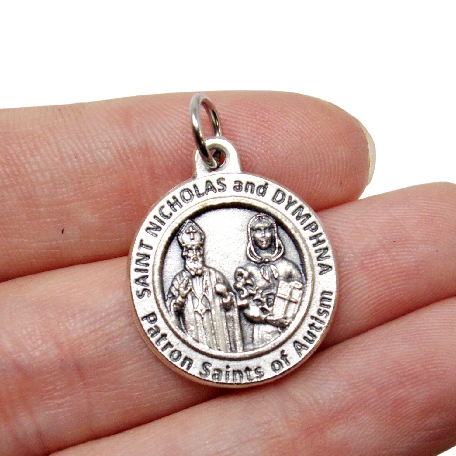 St Saint Dymphna and Nicholas of Autism Silver Tone Medals Rosary Parts 1 In