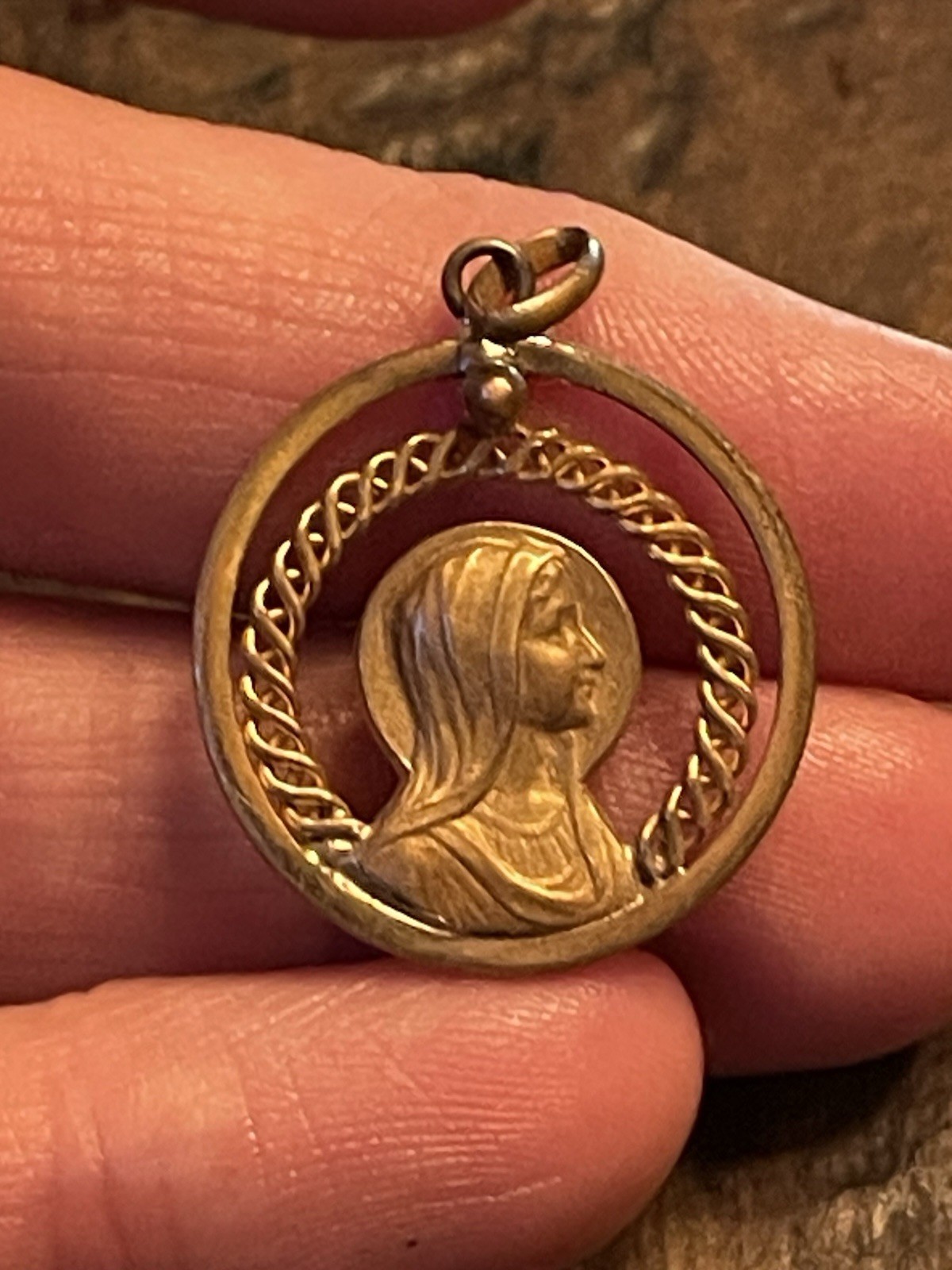 French medal Virgin Mary Retro Pendant 1” Antique Lourdes Brass Gold Unique