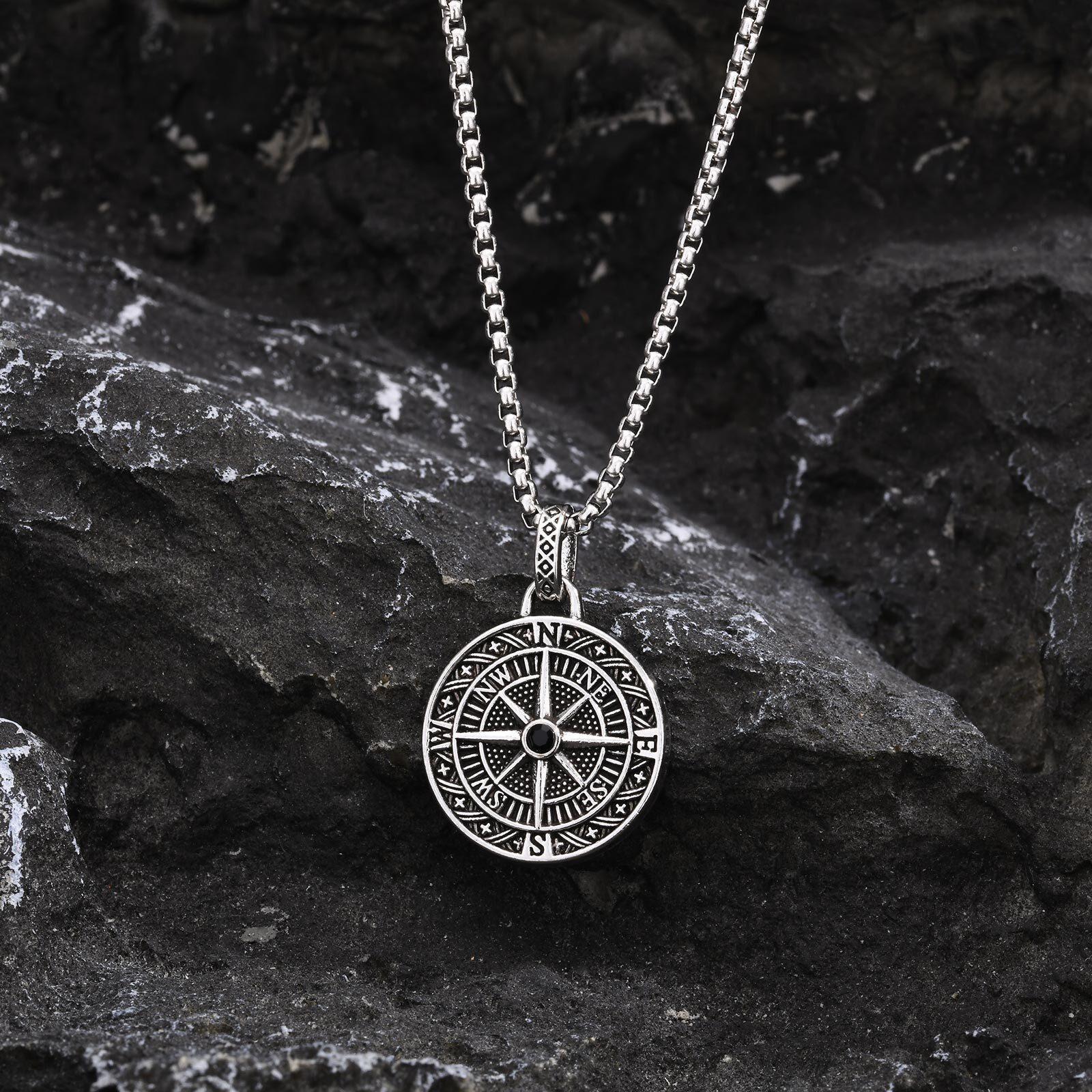Vintage Compass Necklace Stainless Steel Coin Pendant Men Boys Graduation Gift