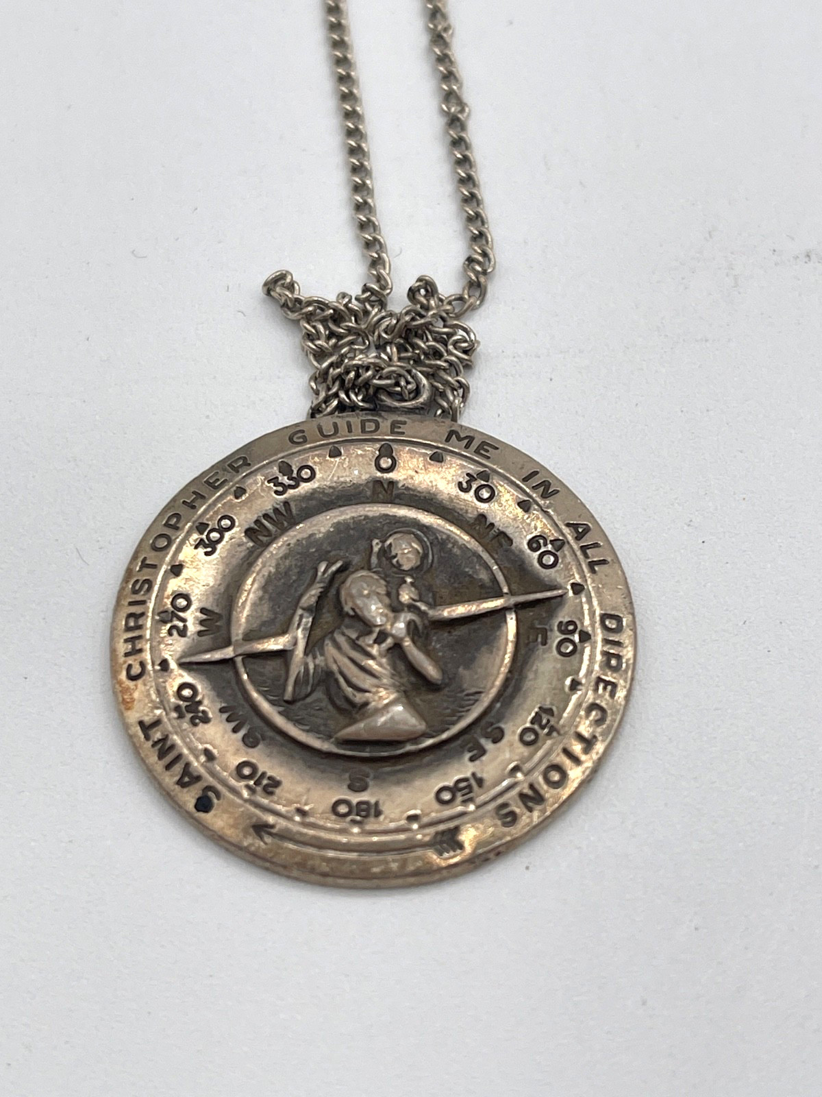 Antique Sterling Silver Saint Christopher Medal & Chain