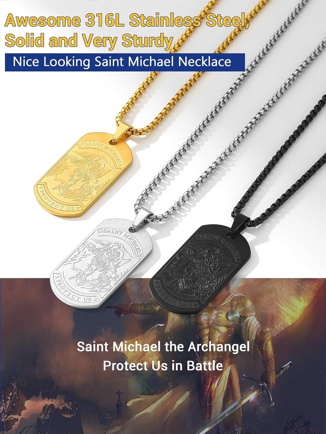 Men’s Black Plated St. Michael Necklace with Box Length 22-24 Inches