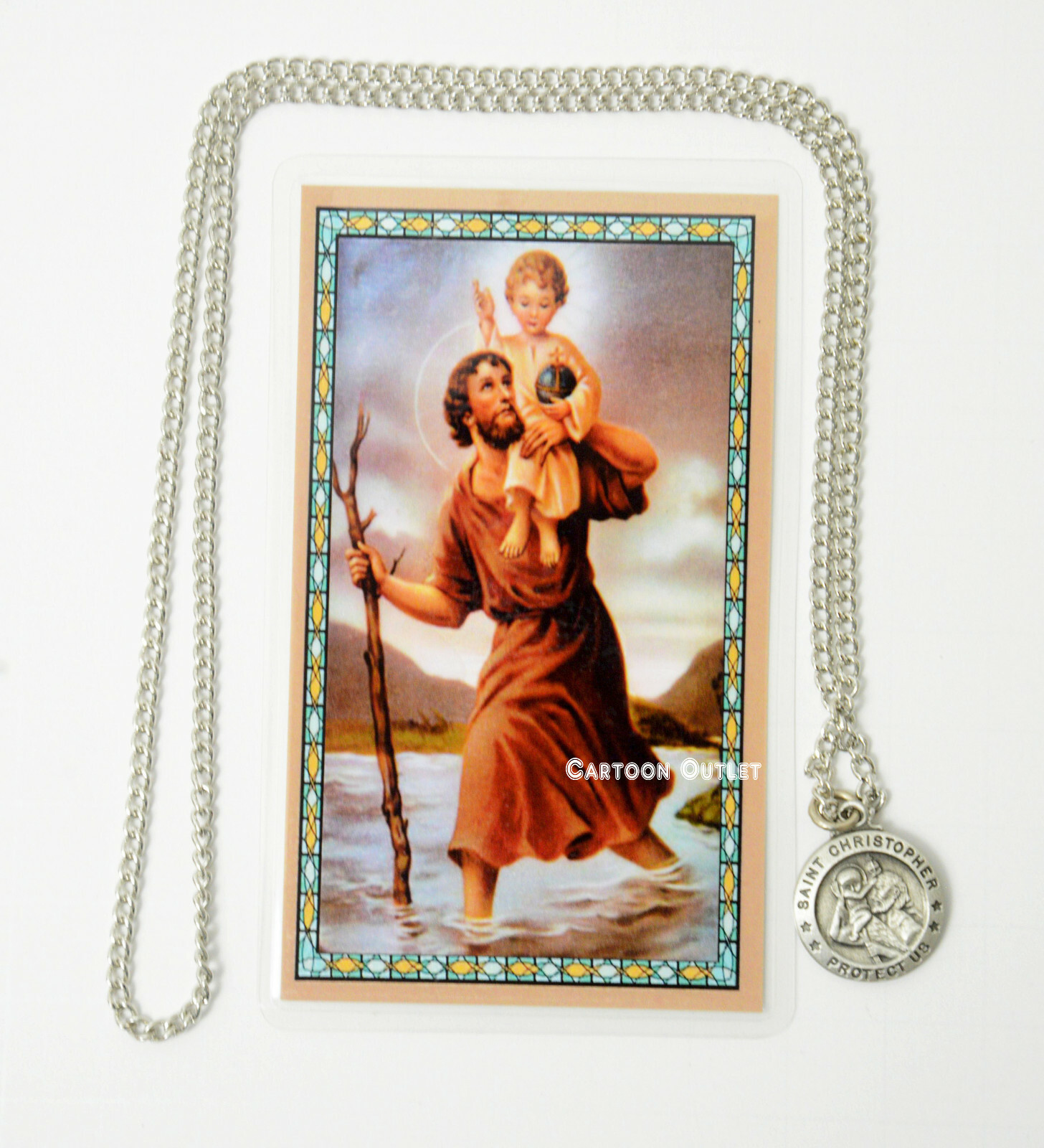 St. Christopher Medal Necklace w/ Laminated Prayer Card Protection San Cristobal