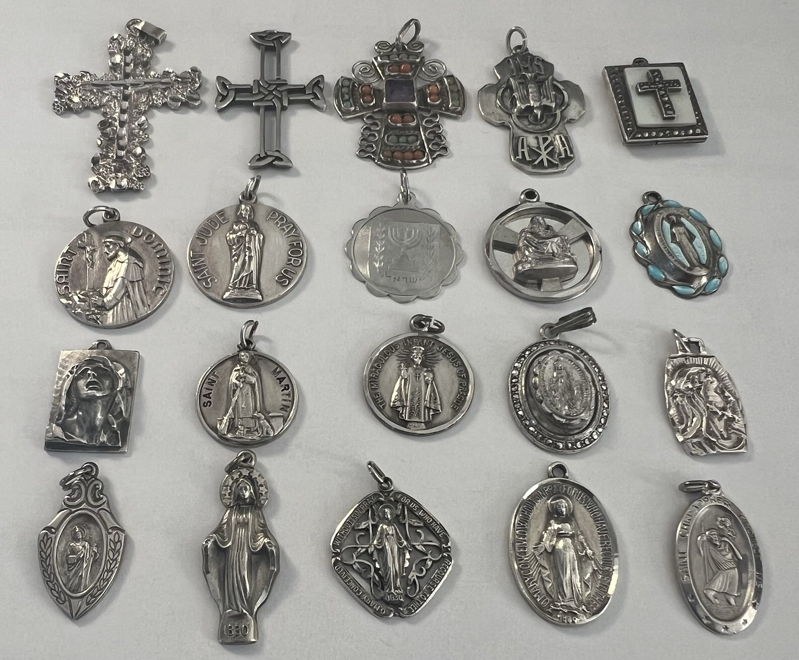 Vintage Lot of (20) Sterling Silver Religious Medals &Crosses Pendants .