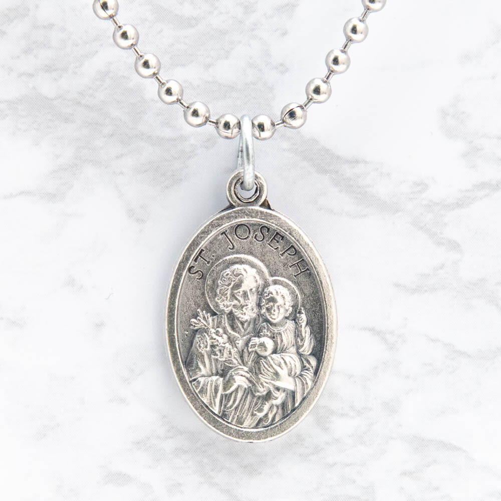 Patron Saint St Joseph Pray For Us 1″ Medal Pendant Necklace 24″ Chain Italy