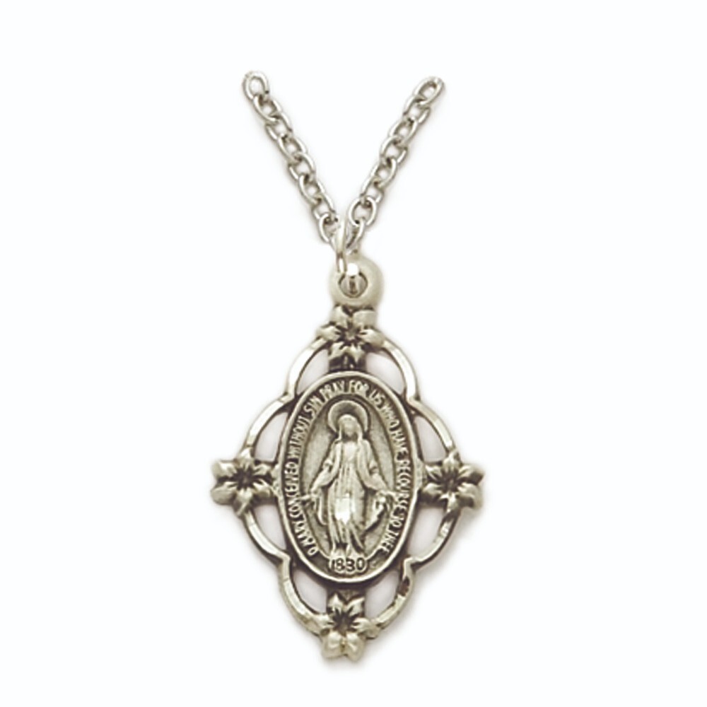 925 Sterling Silver Filigree Miraculous Flower Medal Mary Pendant Necklace