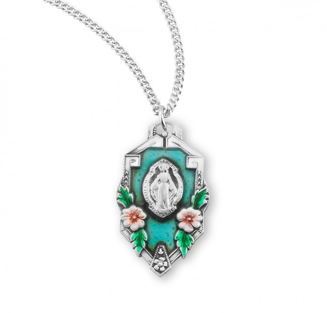 925 Sterling Silver Mary Miraculous Flower Framed Blessed Pendant Medal Necklace