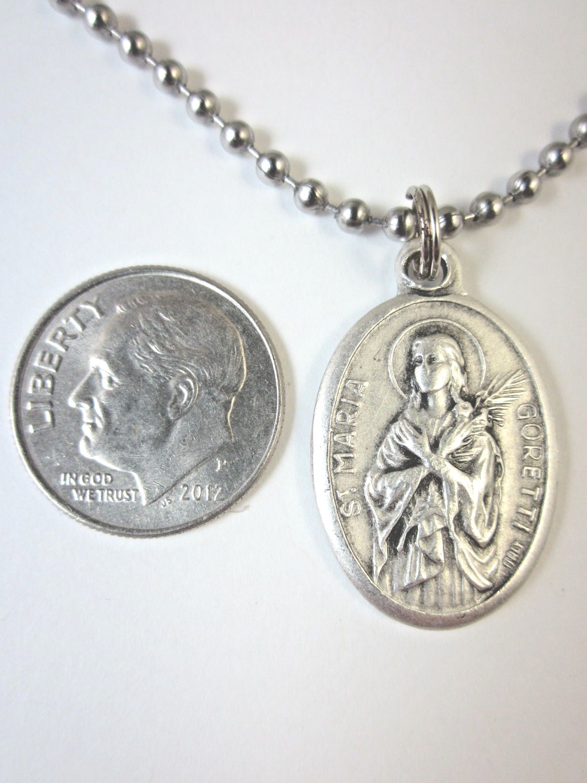 St Maria Goretti Medal Pendant Necklace 24″ Ball Chain Gift Box & Prayer Card