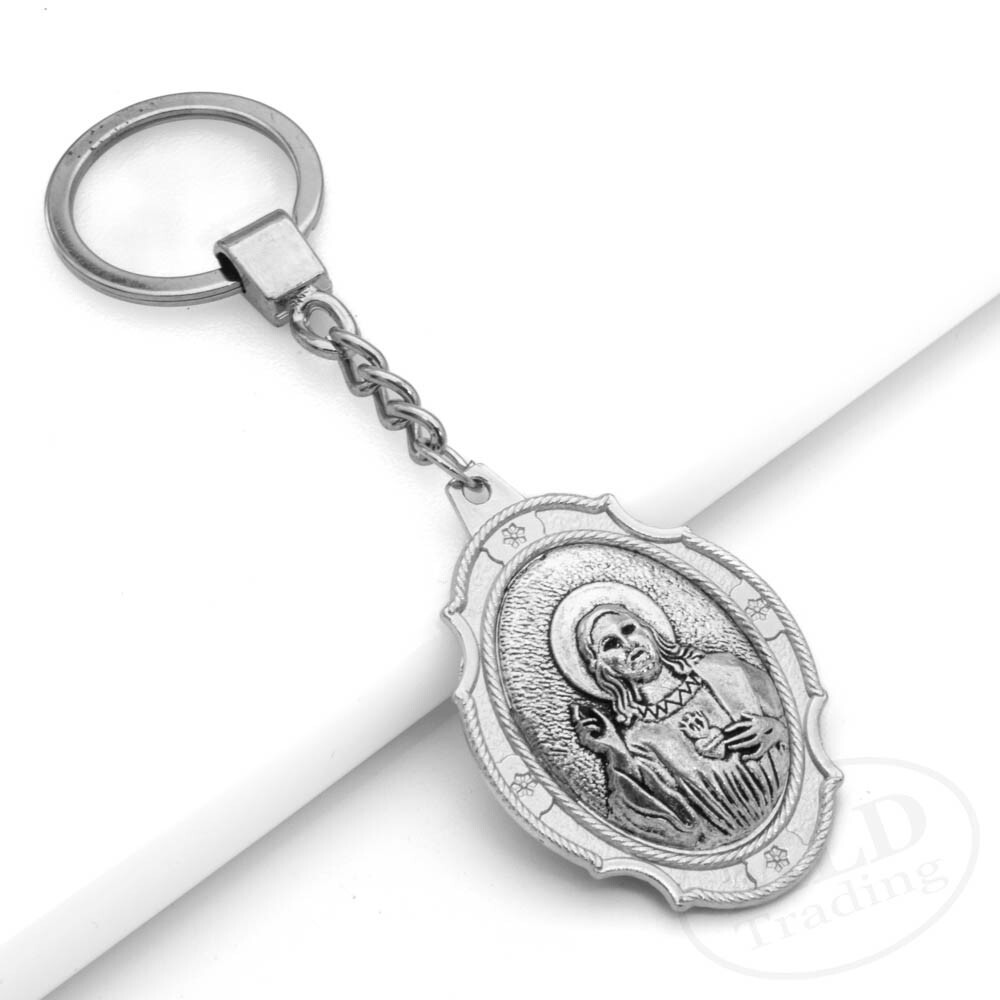 Sacred Heart Medal Keychain Large Silver Pendant Zinc Alloy Religious Key Ring
