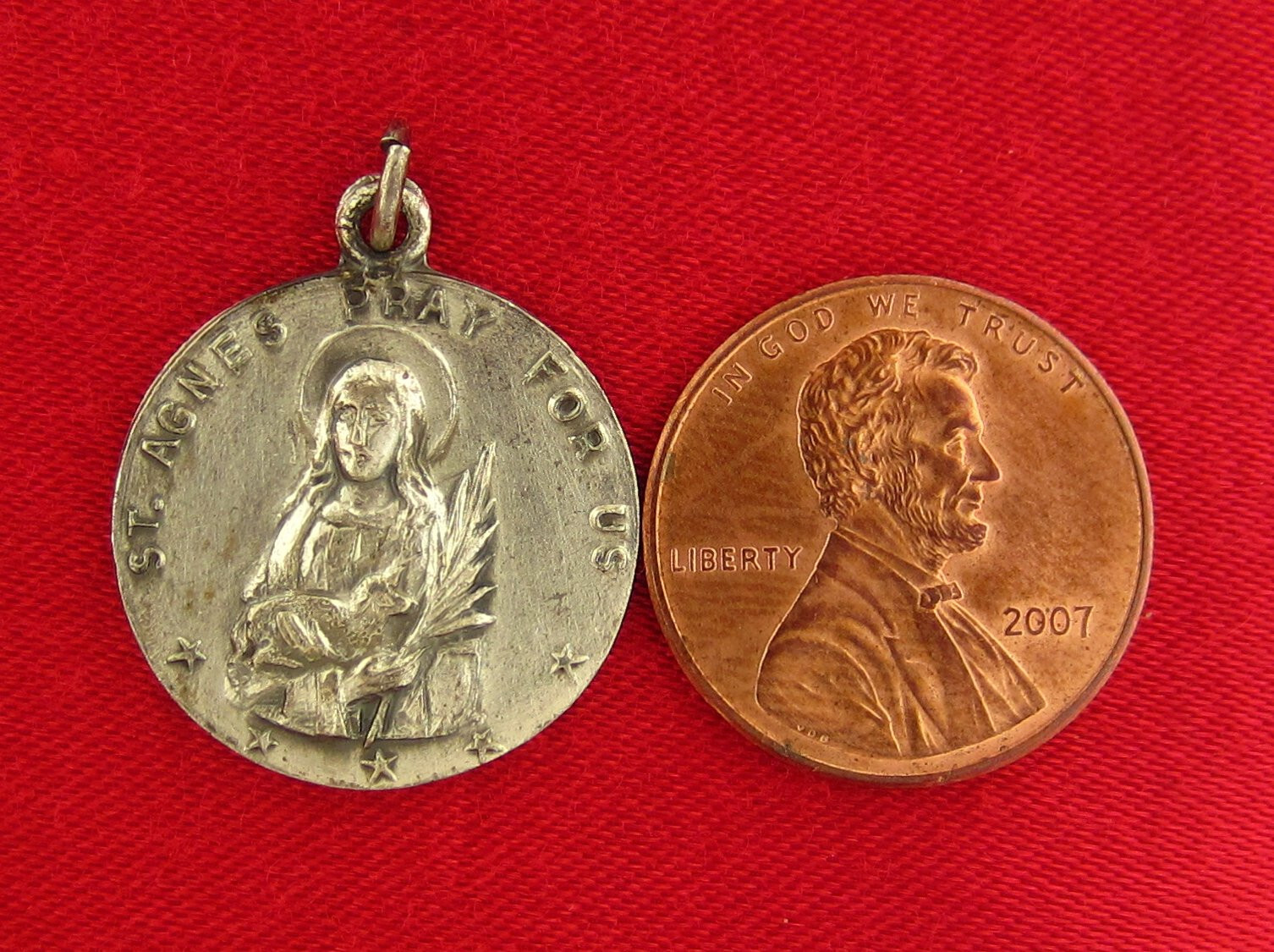 Vintage Sterling SAINT AGNES Medal Religious Catholic HOLDING LAMB HMH Pendant