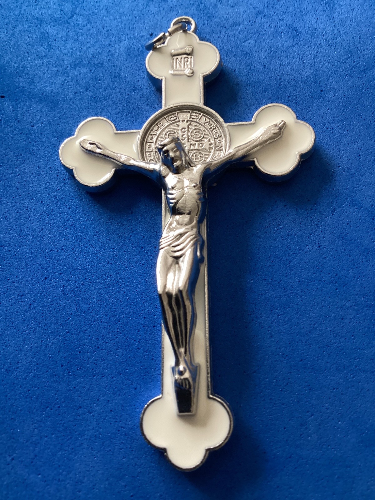 St BENEDICT Crucifix Budded Cross Cream White Enamel 3” Silver Tone Metal Saint