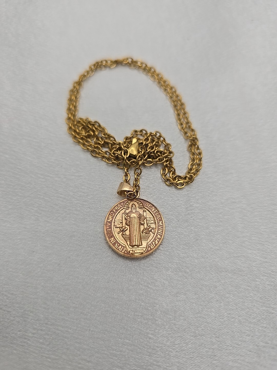 Pink Saint Benedict Medal Necklace 20″ Gold Plated Stainless Steel Catholic Gift