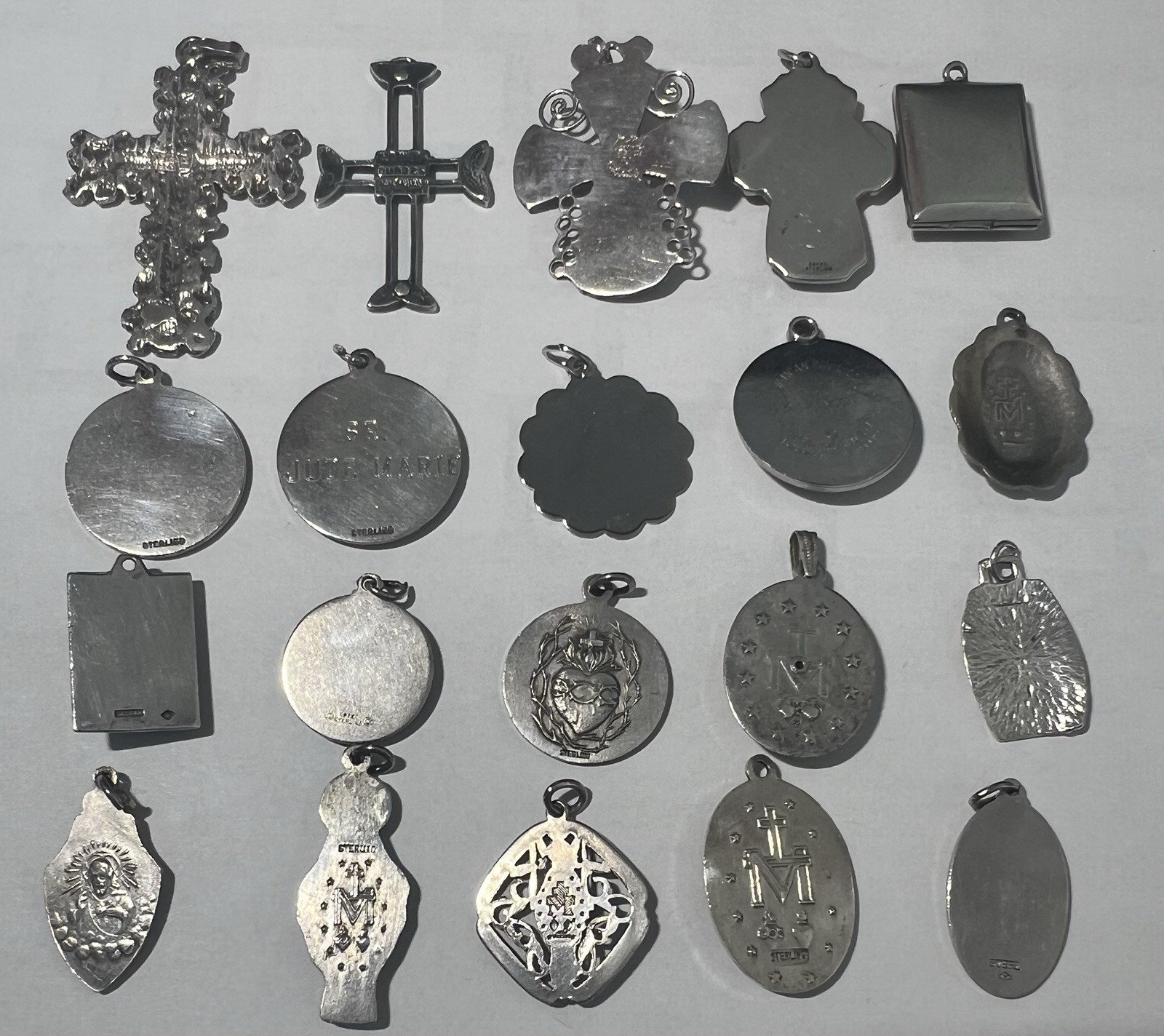 Vintage Lot of (20) Sterling Silver Religious Medals &Crosses Pendants .