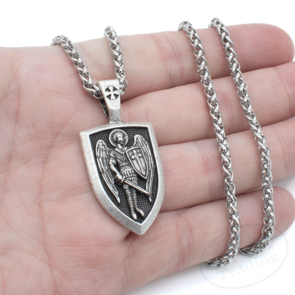 Saint St Michael Shield Medal Pendant Necklace, Silver Zinc Alloy, 24″ Chain