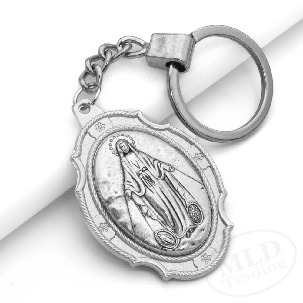 Miraculous Medal Keychain Large Silver Pendant Zinc Alloy Religious Key Ring