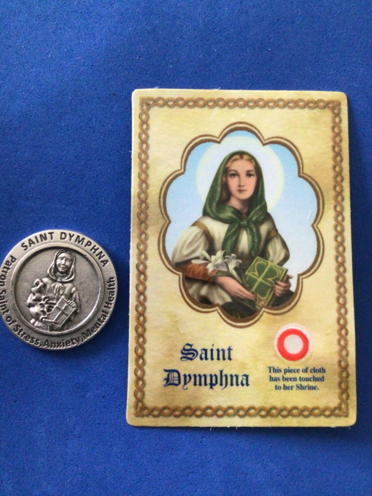 St DYMPHNA Pocket Token Stress Anxiety + RELIC Card 1-1/8″ Saint Medal Silver