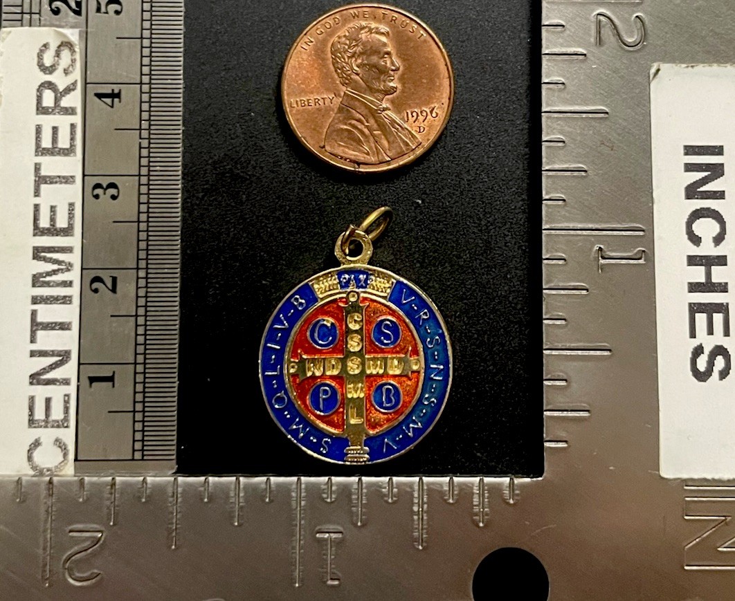 Vintage Catholic St Benedict Red & Blue Enamel Gold Tone Religious Medal