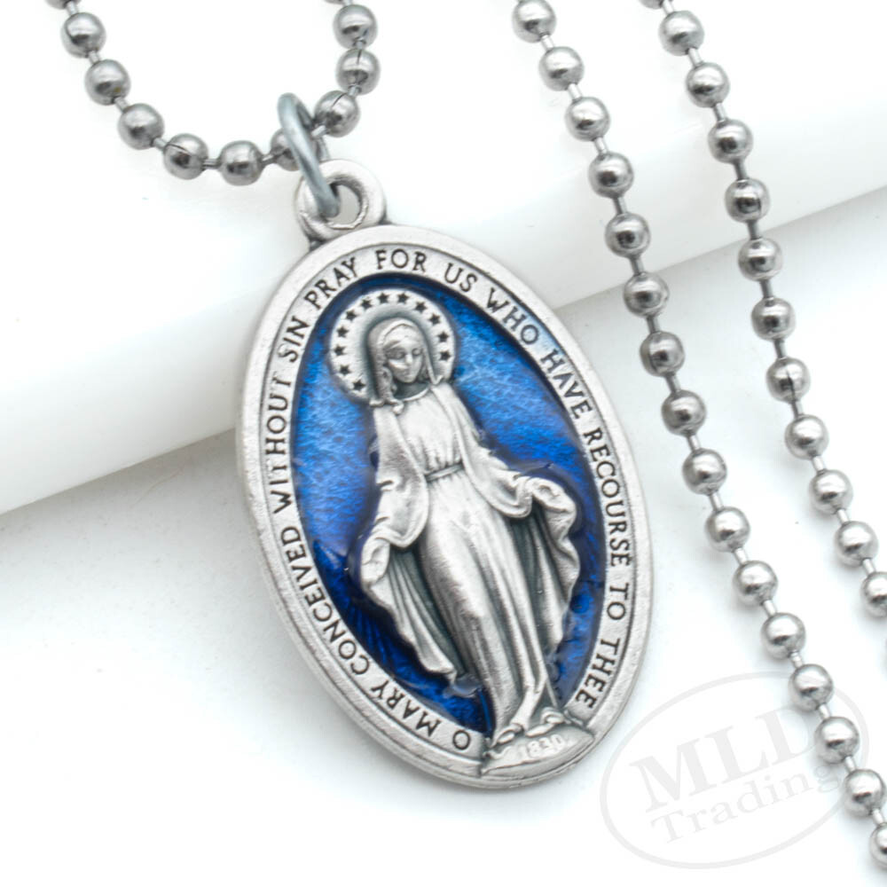 Miraculous Medal Necklace Catholic Virgin Mary 1.5″ Blue Pendant Made In Italy