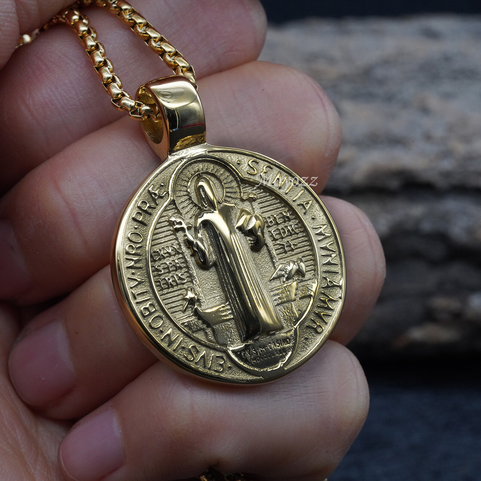 St Saint Benedict Medal Gold Exorcism Pendant Necklace Stainless Steel Gift