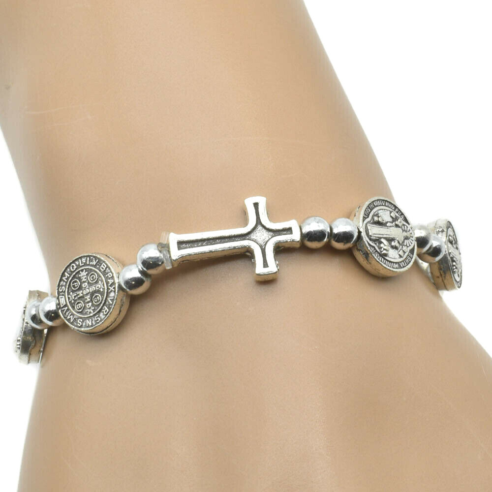 Silver Saint St Benedict Medal Cross Rosary Bracelet Pulsera De San Benito