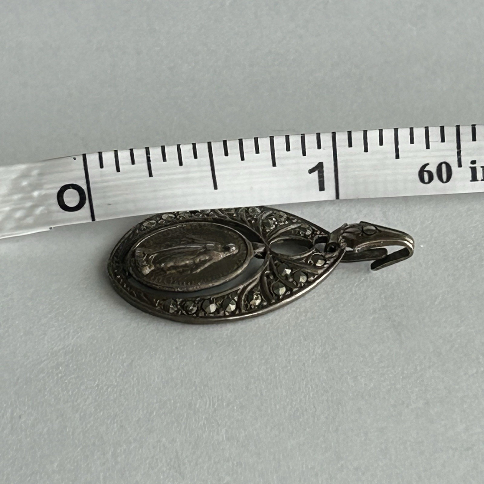 Vtg 925 Sterling Silver VIRGIN MARY PENDANT Marcasite 1″ + 0.25″ Bail