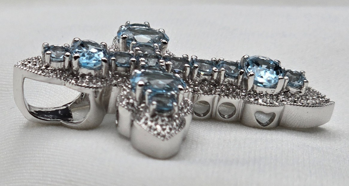 EA Sterling Silver (925) Cross Pendant w/ Faux Blue Topaz