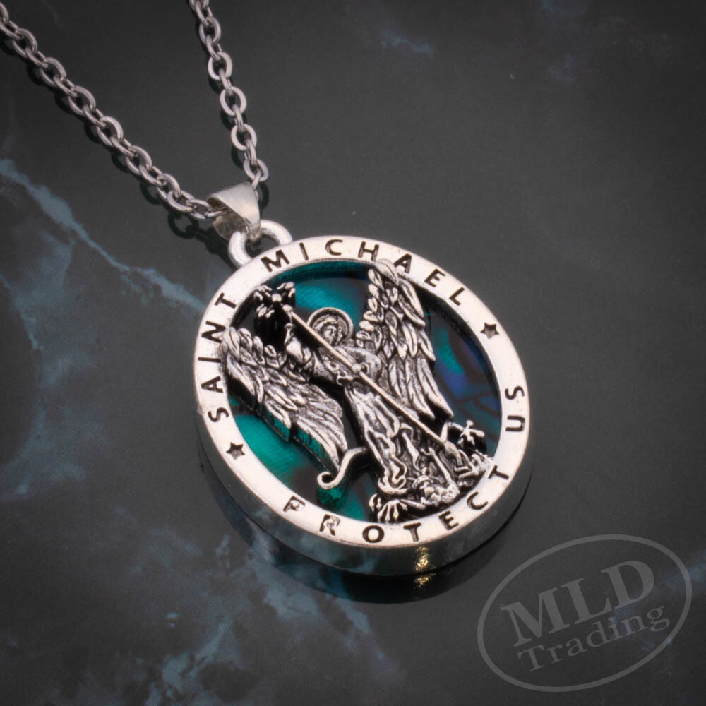 Saint St Michael Pendant Necklace, Religious Protector Medal, Alloy, 18″ Chain