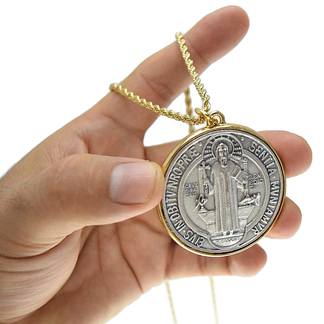 Medalla De San Benito 48mm Medal St Benedict Pendant Gold Plated Rope Chain 24″