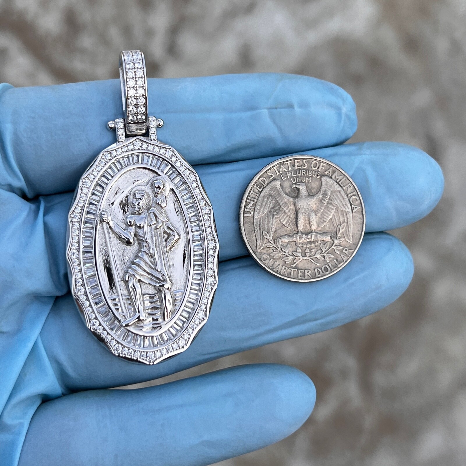 925 Sterling Silver St Saint Christopher Medal CZ San Cristobal Medalla Pendant