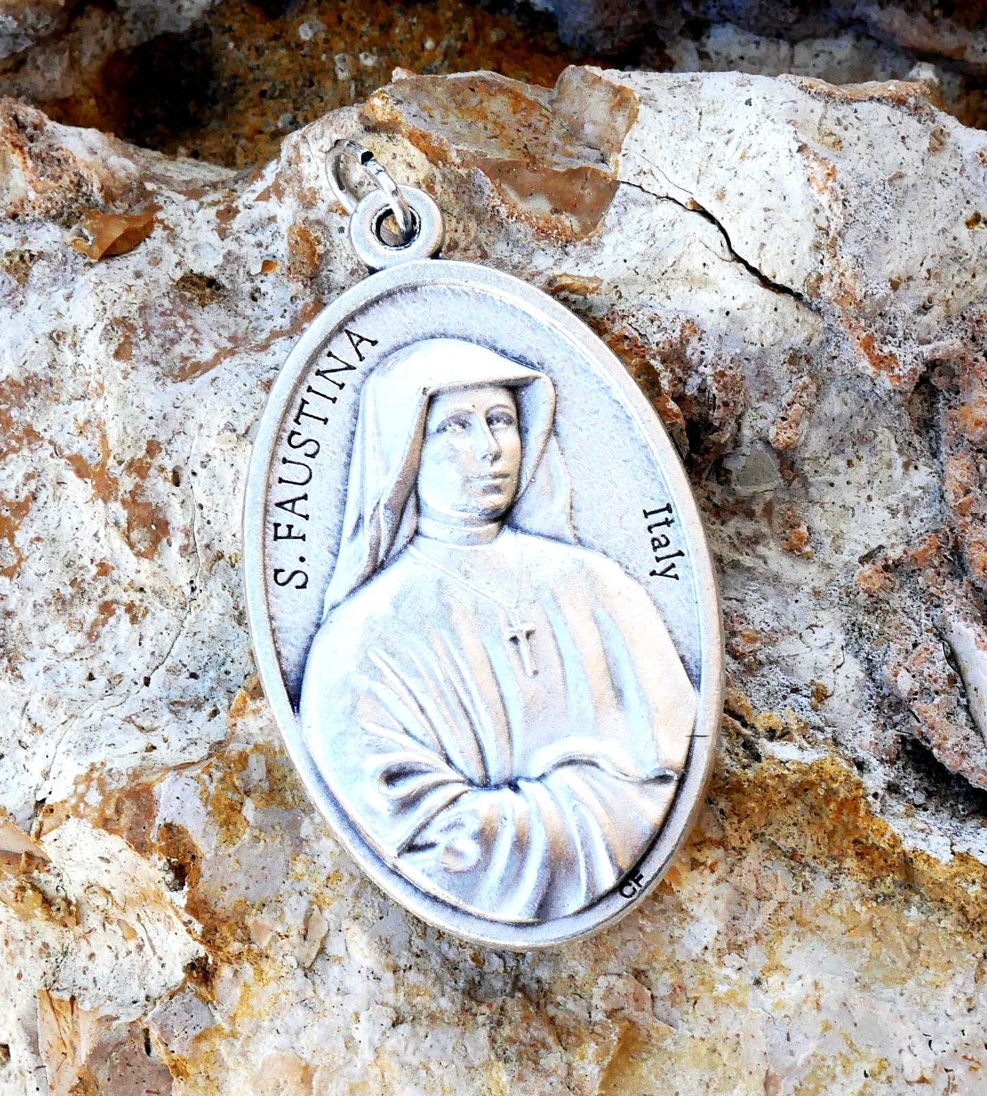Divine Mercy / Faustina Silver Tone Medal Pendant 1-1/2″ x 1-1/8″ + Cord