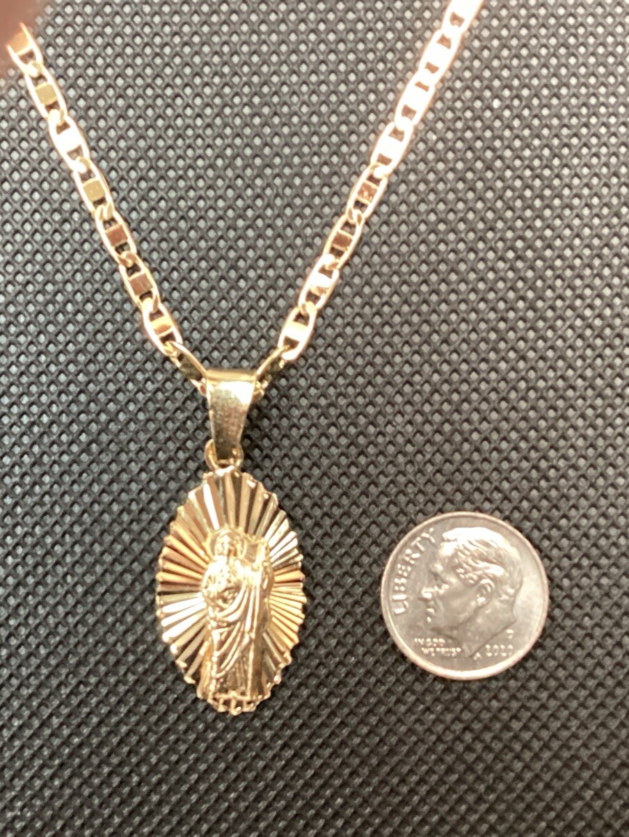 14K Gold Plated Medal Necklace Of St Judas And Chain Of 22” Long Laser Cut Diam