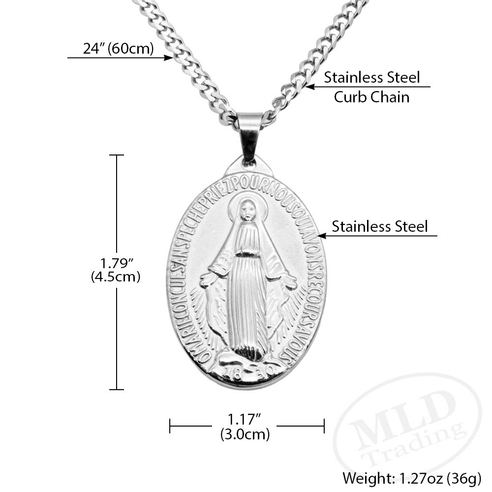 Stainless Steel St Mary Miraculous Medal Pendant Necklace – 1-3/4″, 24” Chain