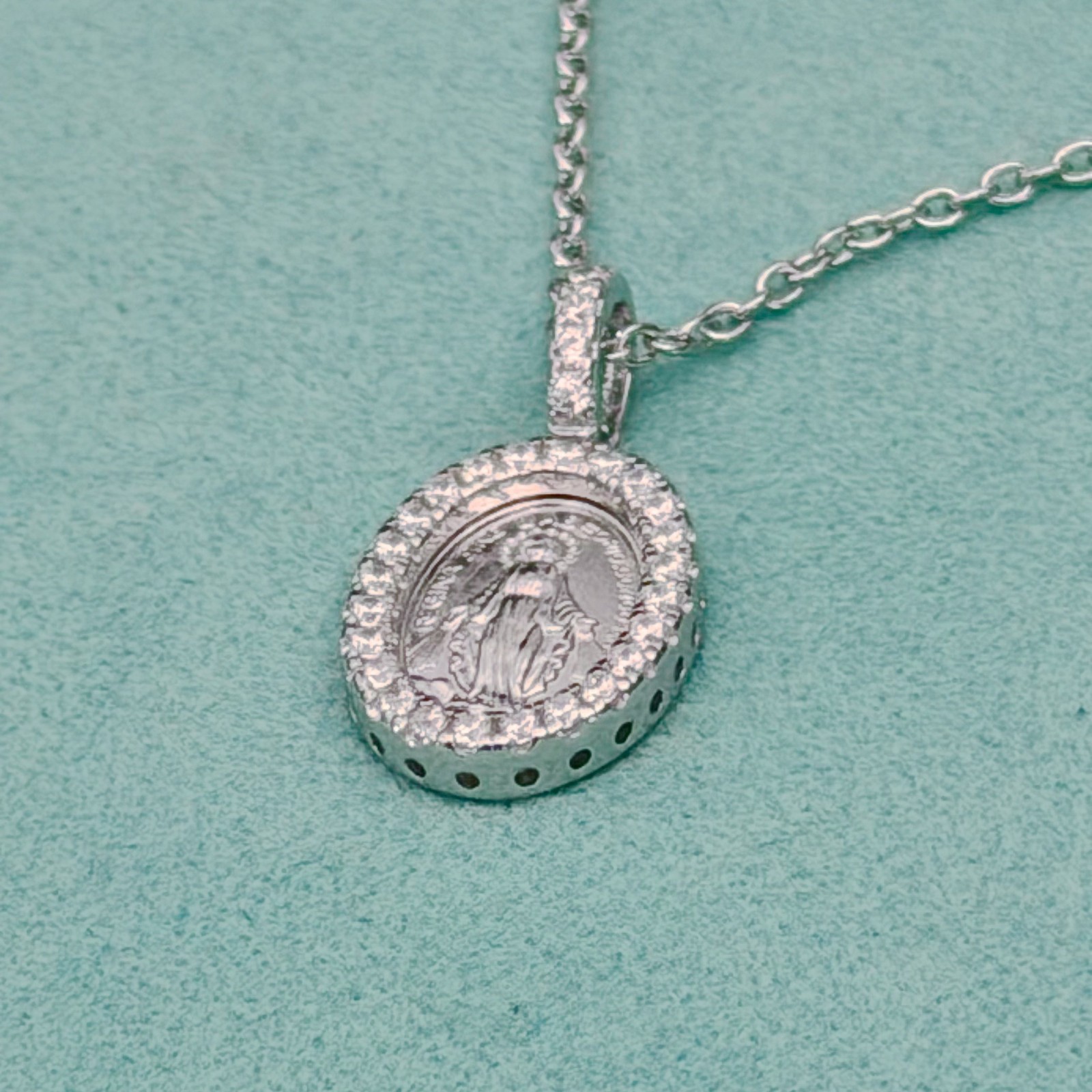 Miraculous Medal Sterling Silver Virgin Mary Pendent Necklace cz set Catholic
