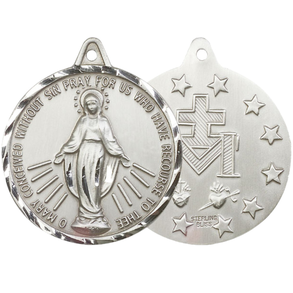 Large Sterling Silver Miraculous Mary Catholic Medal Pendant Necklace 24″ Chain
