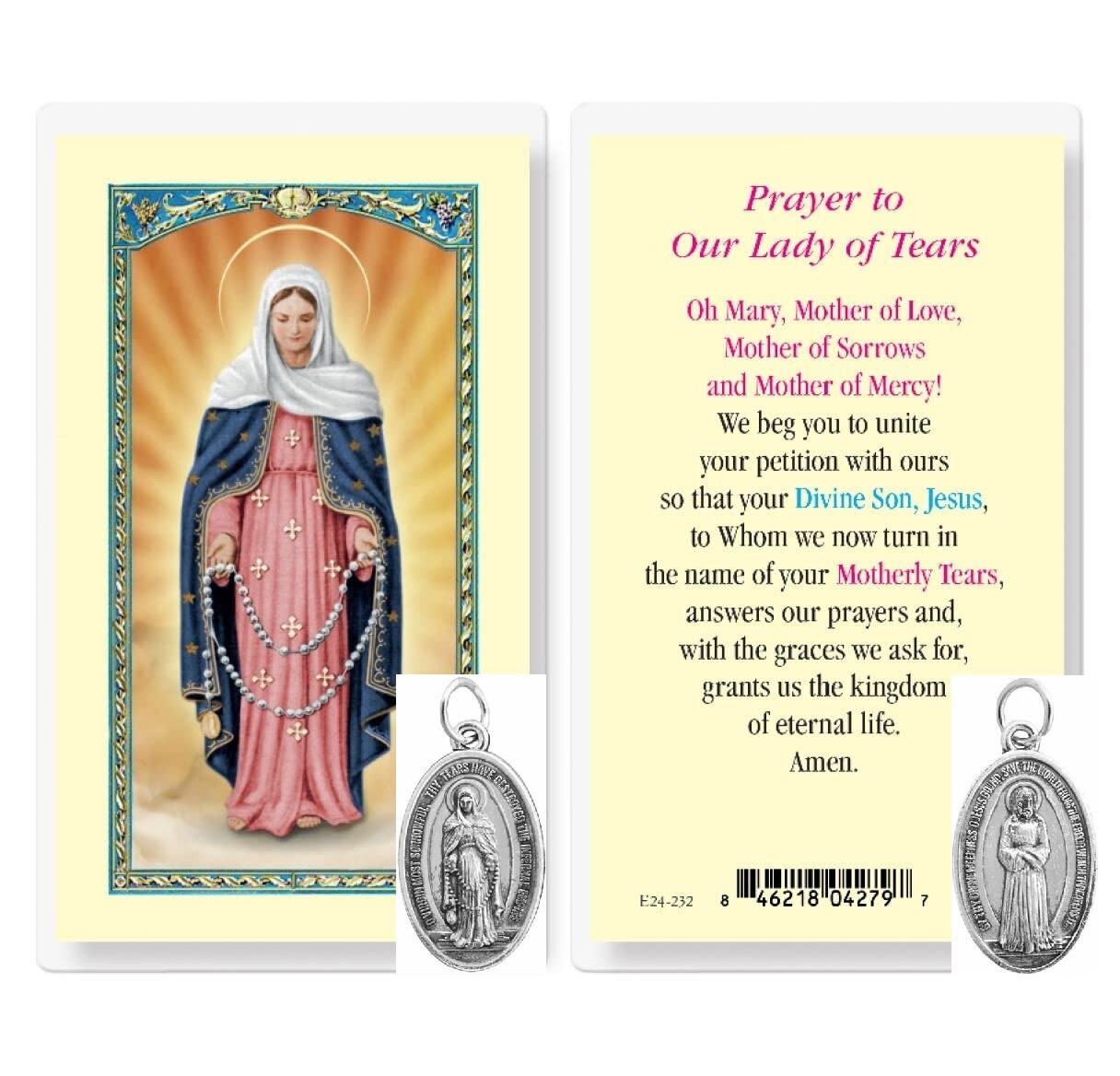 Our Lady of Tears Medal and Laminated Holy Card Set