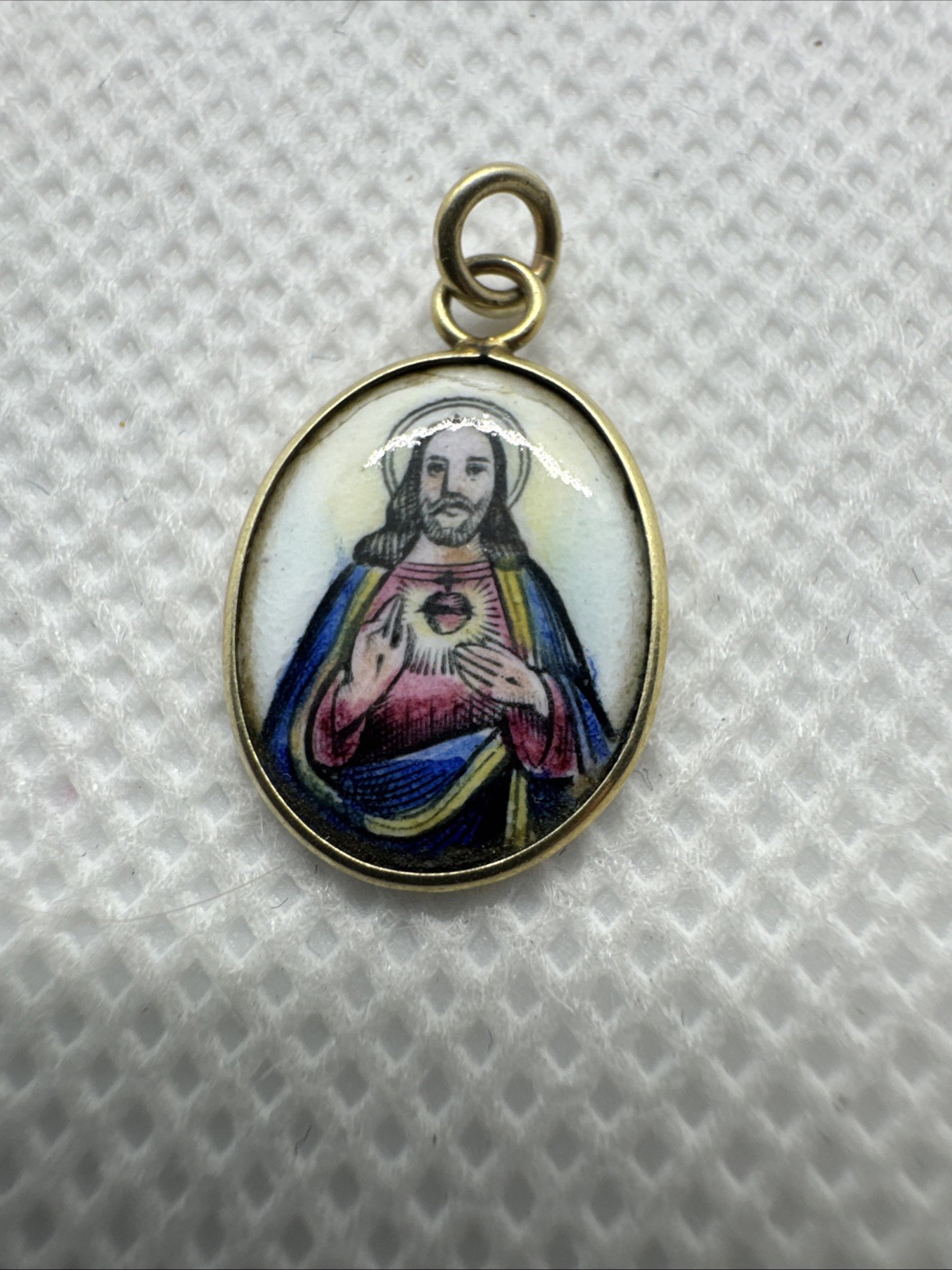 Vintage Sacred Heart of Jesus Sagrado Corazon Medal 14k Gold Pendant Enamel