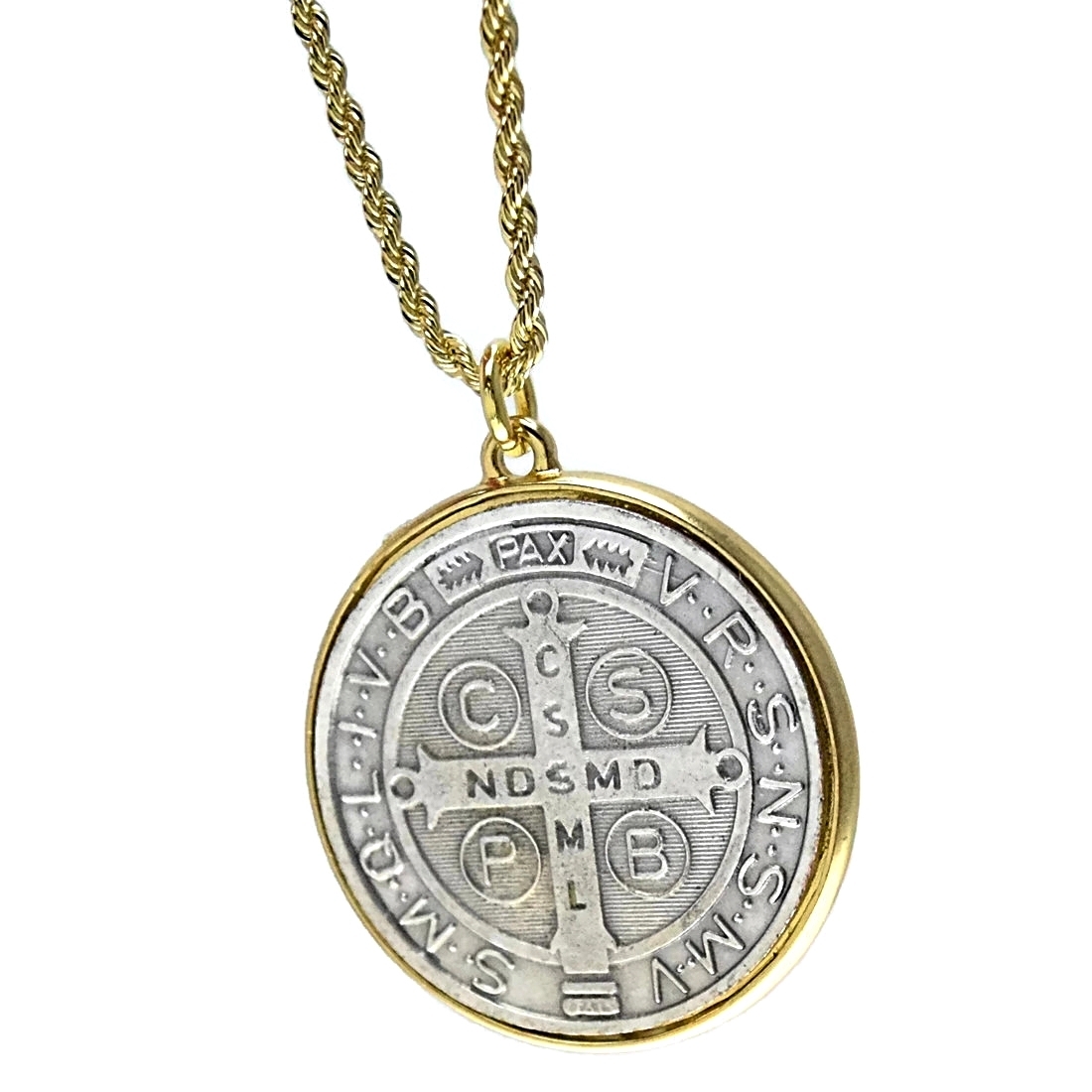 Medalla De San Benito 48mm Medal St Benedict Pendant Gold Plated Rope Chain 24″