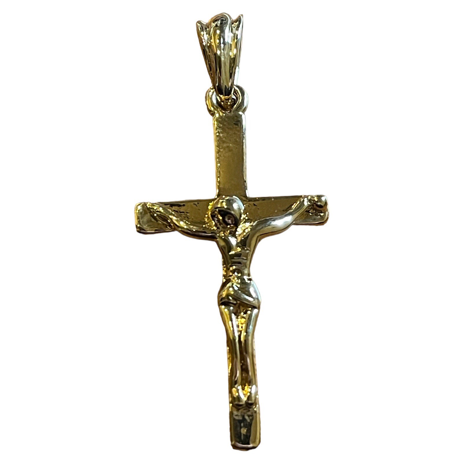 NOS Gold Tone Stainless Steel Cross Crucifix Medal 2” w/Bail