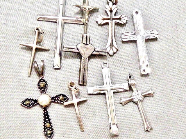(10) VINTAGE STERLING SILVER RELIGIOUS CROSS PENDANTS OR CHARMS STAMPED STERLING