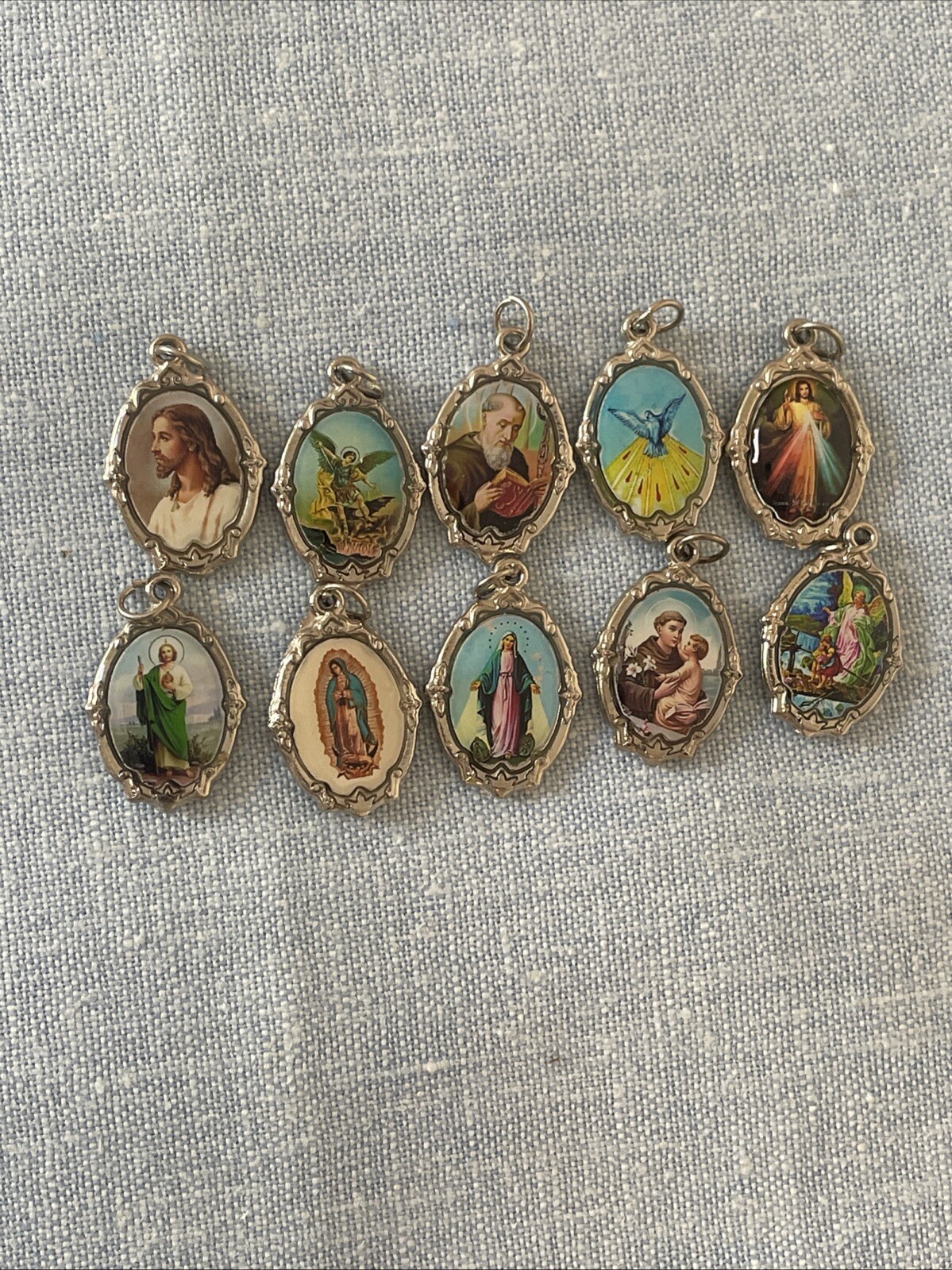 Lot of 10 Religious Medals Pendants Charms, Virgin Mary, Guardian Angel, Jesus,