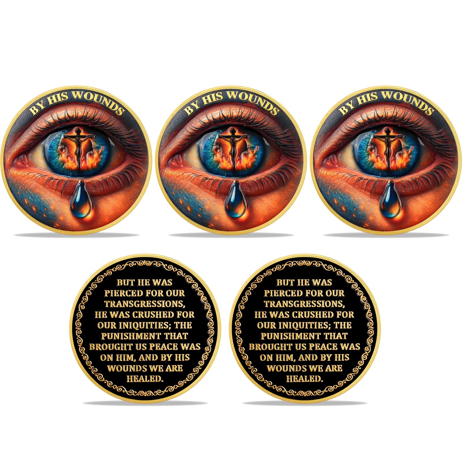 5pcs Christian Faith Challenge Coin Isaiah 53:5 Bible Verses Inspirational Token