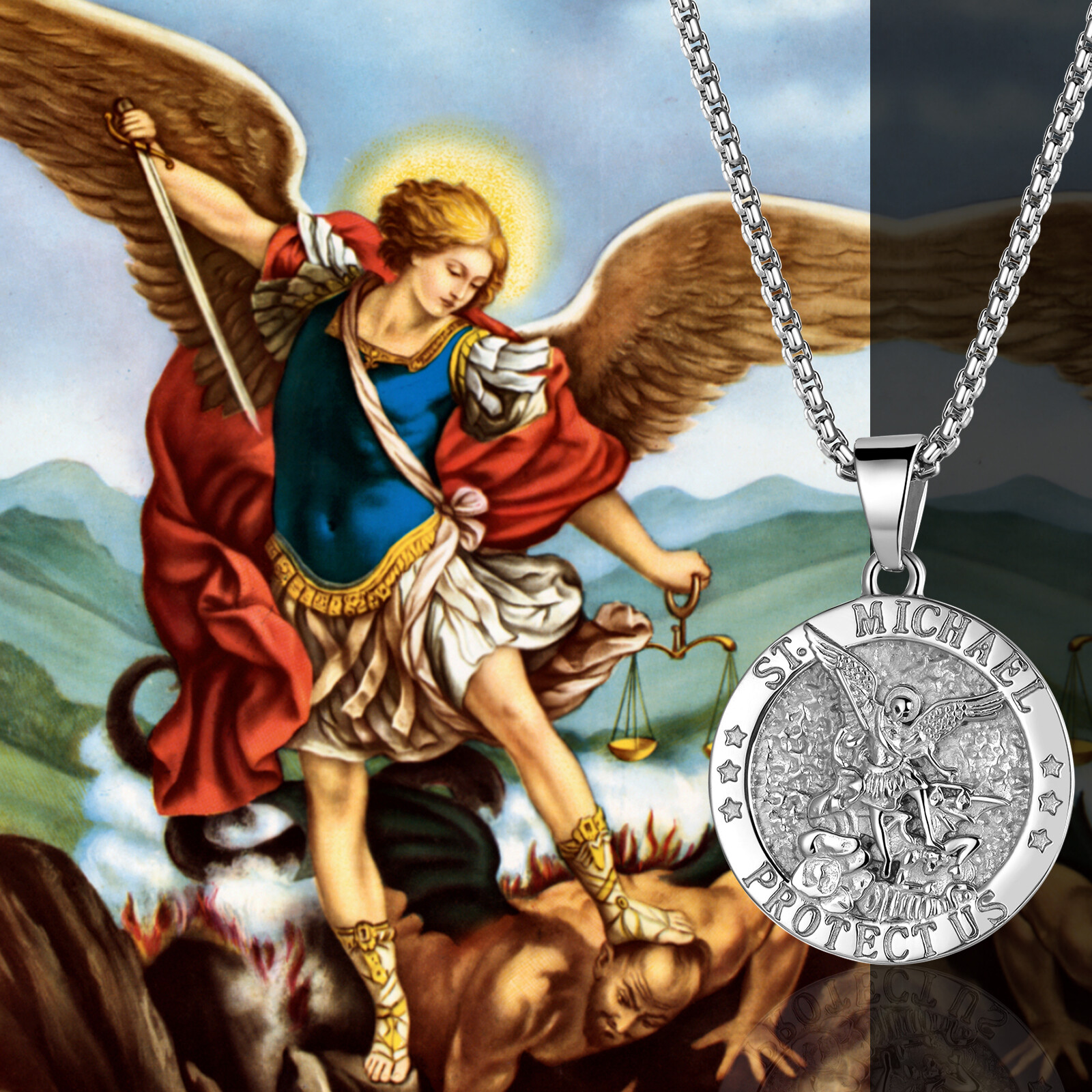 Men Catholic Christian Saint St Michael Medal Medallion Pendant Necklace Protect