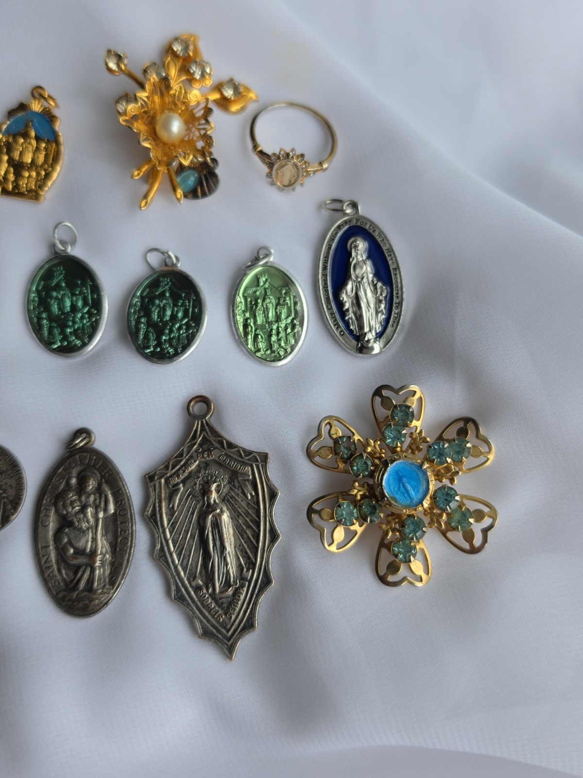Catholic Religious Medal Lot Of 23, Ring, Brooches
