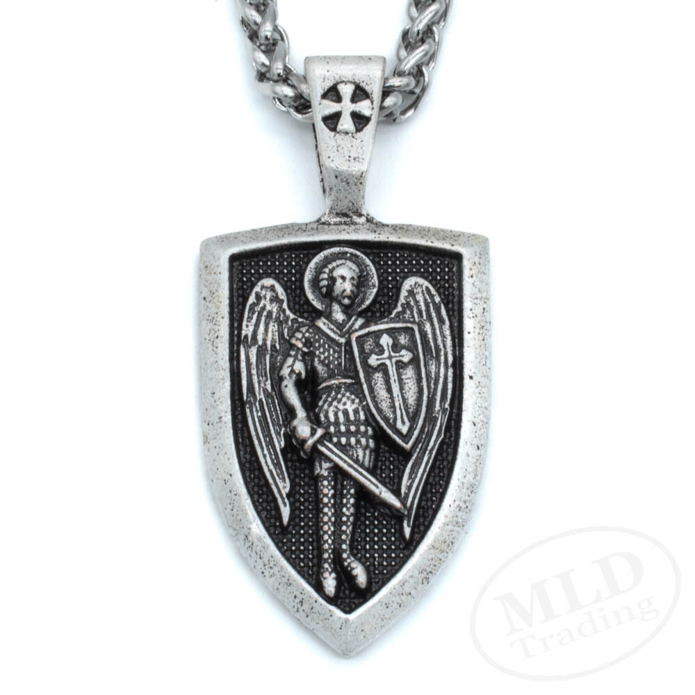 Saint St Michael Shield Medal Pendant Necklace, Silver Zinc Alloy, 24″ Chain