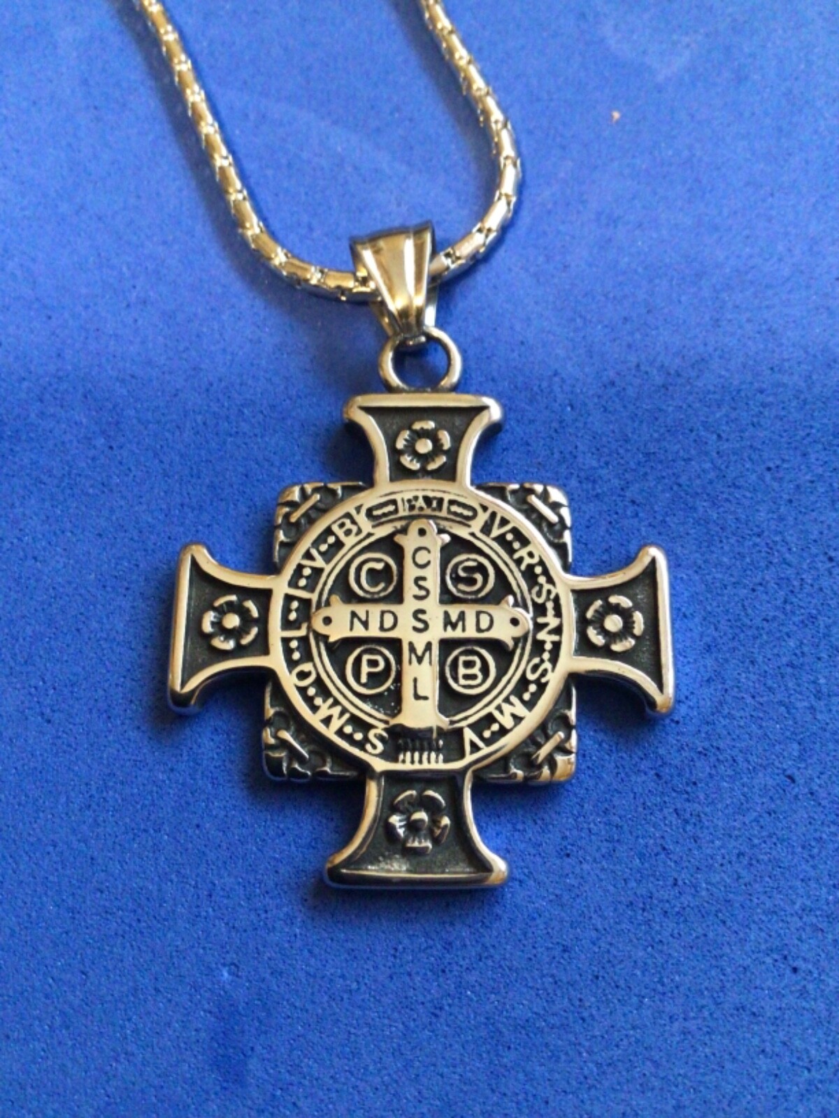 Antiqued St BENEDICT NECKLACE Pendant Protection Saint Medal Stainless Steel 29″