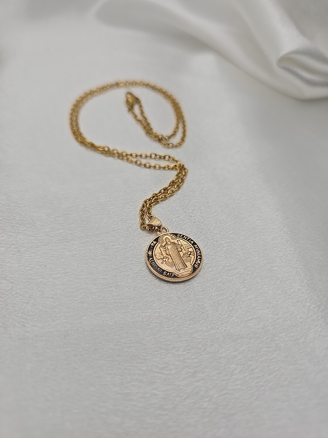 Black St Benedict Medal Necklace 20″ Gold Plated Stainless Steel Catholic Gift