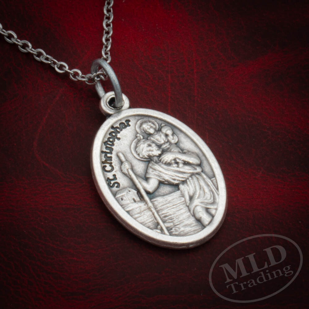 Saint St Christopher Medal Pendant Necklace, Italian, Zinc Alloy, 18″ Link Chain