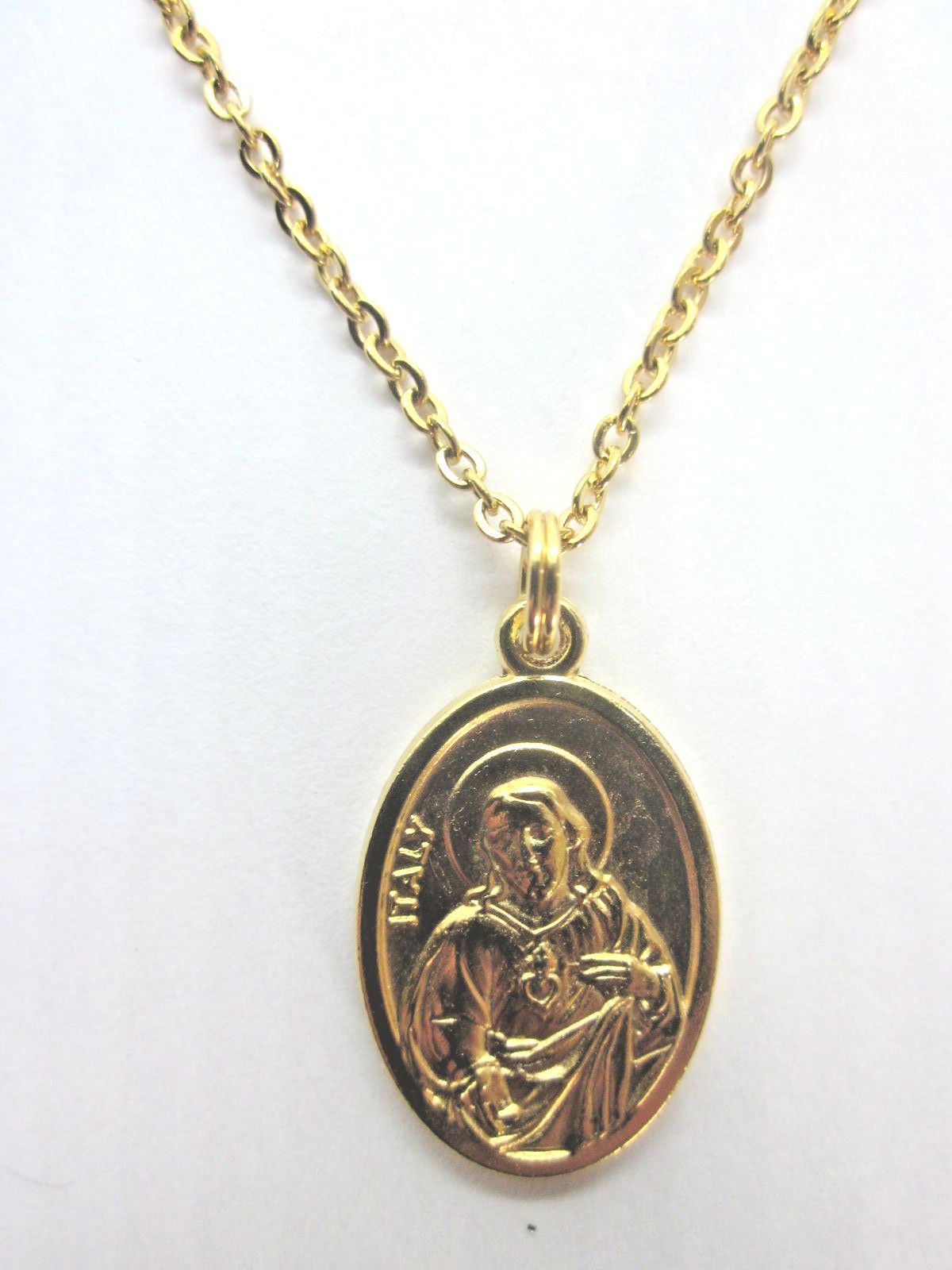 Gold Plated Sacred Heart of Jesus/OLO Mt Carmel Scapular Medal Pendant 20″ Chain