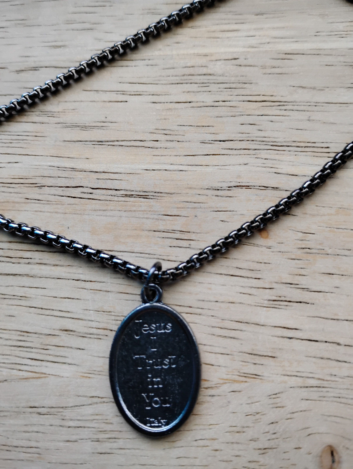 Black gunmetal JESUS DIVINE MERCY MEDAL Stainless steel rolo box chain necklace